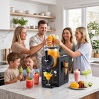 Family in a kitchen enjoying ice cream and drinks made with a blender.