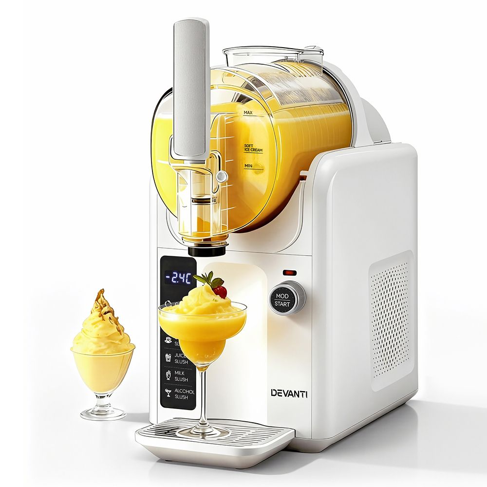 Devanti frozen yogurt and ice cream machine with two glasses of yellow dessert on a white background