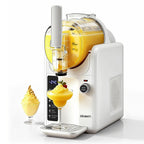 Devanti frozen yogurt and ice cream machine with two glasses of yellow dessert on a white background