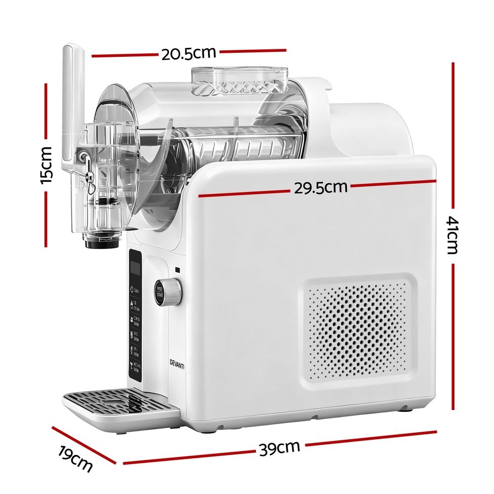 White pasta maker with dimensions indicated on a white background
