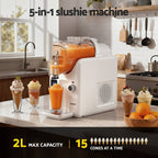 3-in-1 slushie machine on a kitchen counter with ingredients and cones displayed.