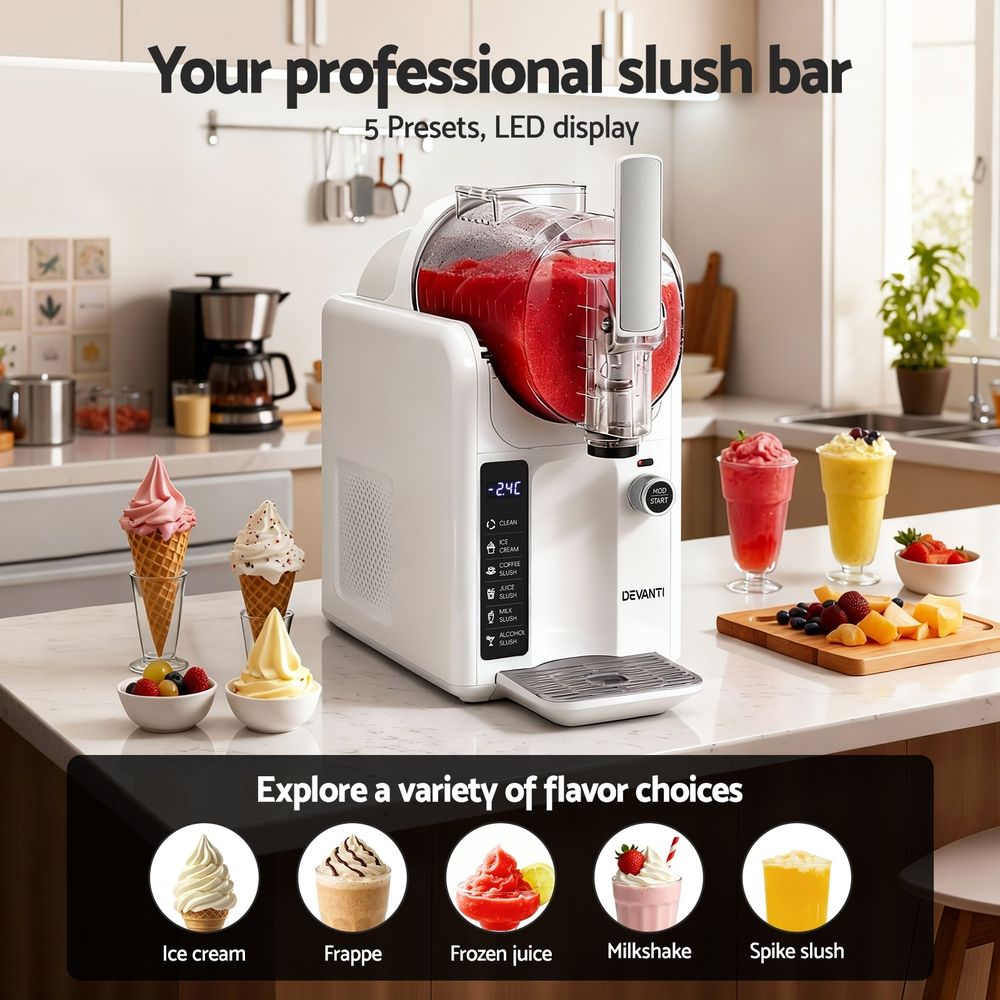 Slush machine with ice cream and smoothie options on a kitchen counter
