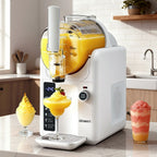 White frozen yogurt or ice cream machine with various frozen treats on a kitchen counter.