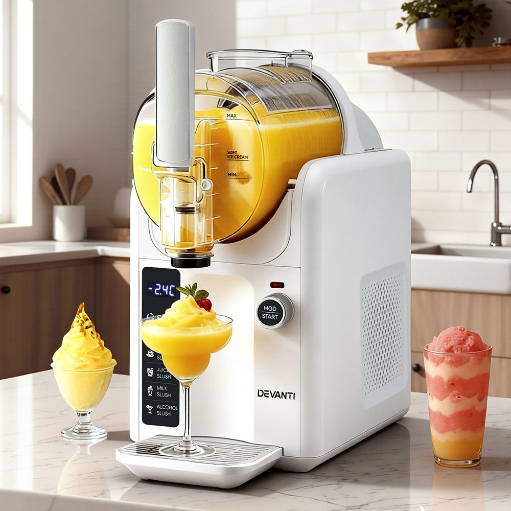White frozen yogurt or ice cream machine with various frozen treats on a kitchen counter.