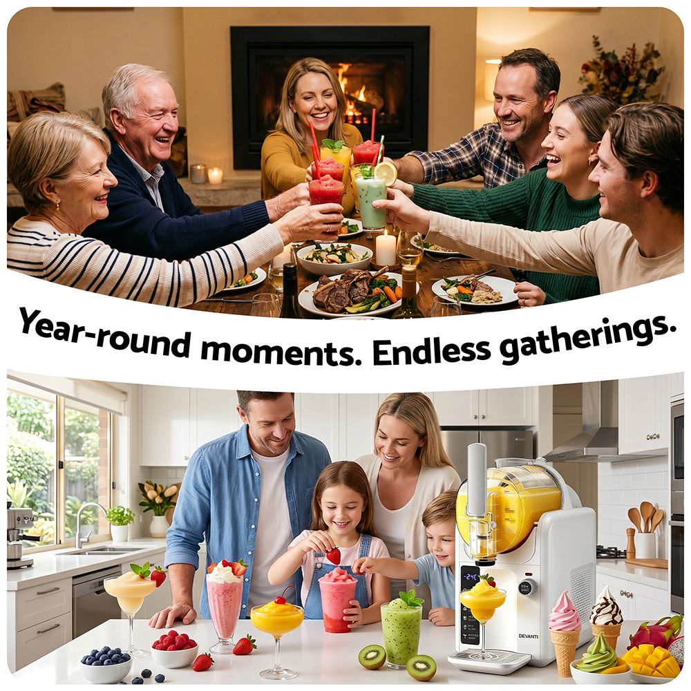 Family enjoying a meal together with a text overlay about year-round moments and endless gathering