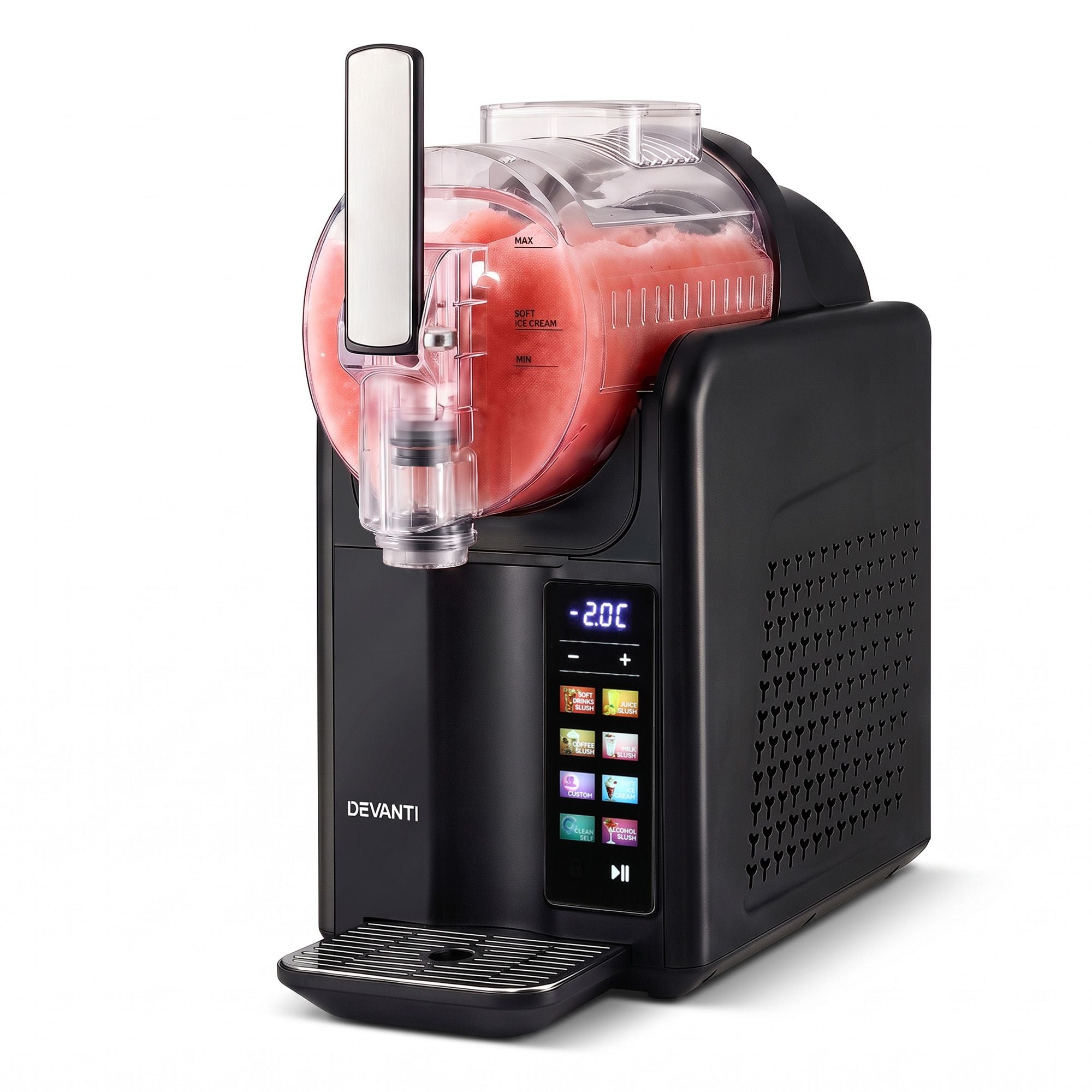 A Devanti frozen drink machine filled with a pink slushie, shown on a clean white background. The black machine features a digital temperature display showing -20C and a colorful selection of flavor icons on its front panel.