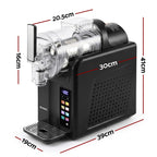 Black countertop coffee machine with a clear plastic bean bag filter and digital touch display, shown with red dimension lines and labels indicating width, height, and depth measurements on a white background.