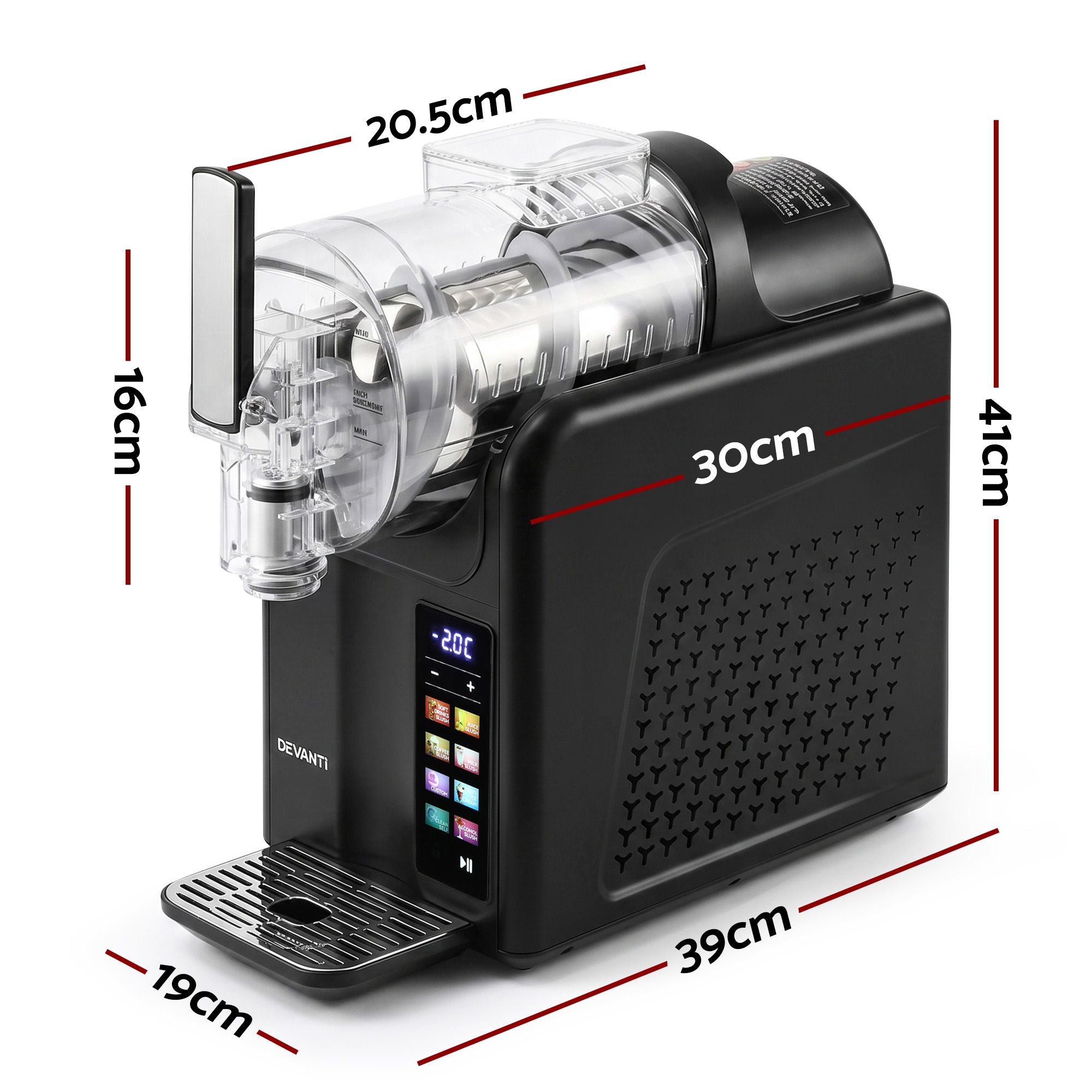 Black countertop coffee machine with a clear plastic bean bag filter and digital touch display, shown with red dimension lines and labels indicating width, height, and depth measurements on a white background.