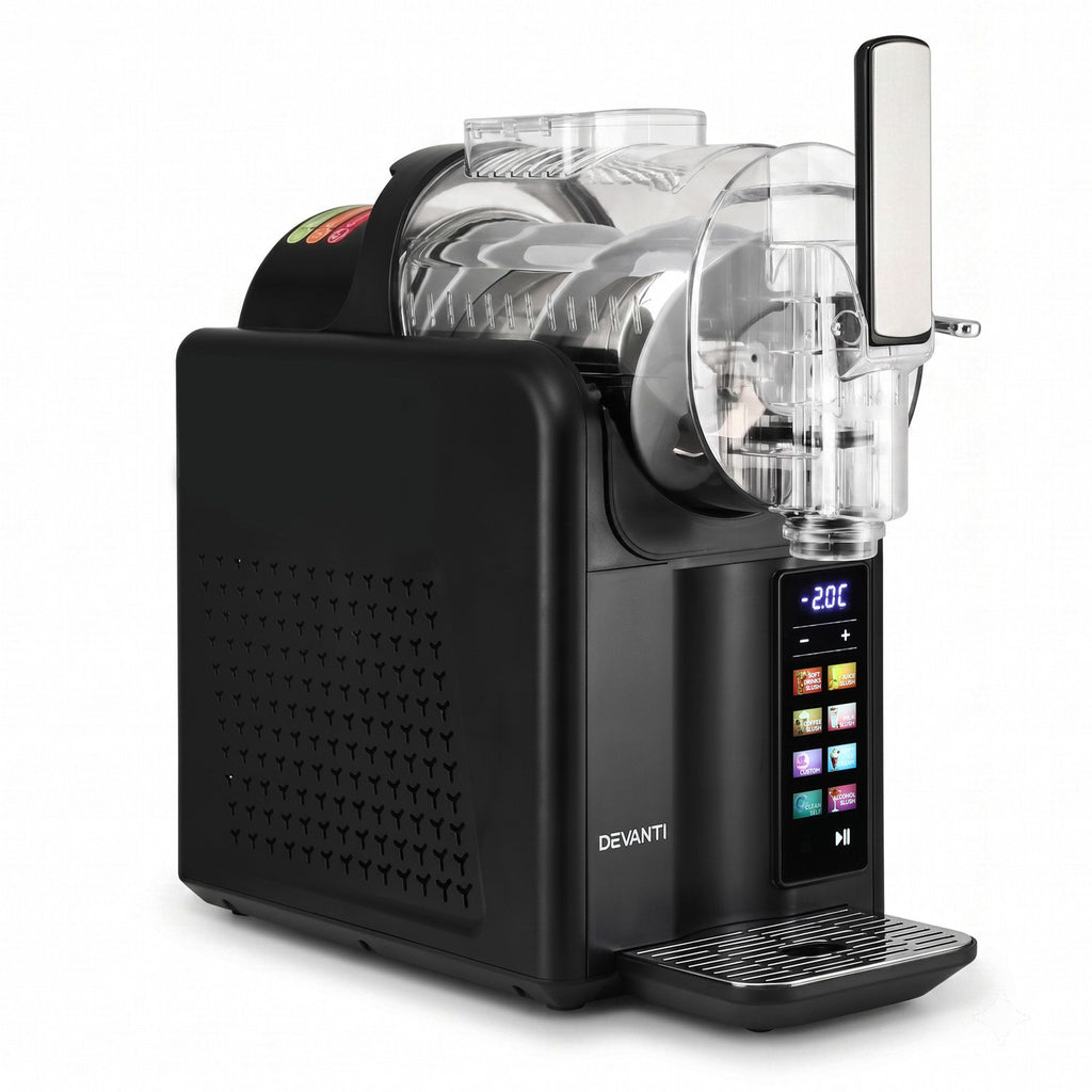 A Devanti commercial-grade slushy maker machine in matte black with a clear plastic container, digital touch screen interface, and drip tray, shown on a solid white background.