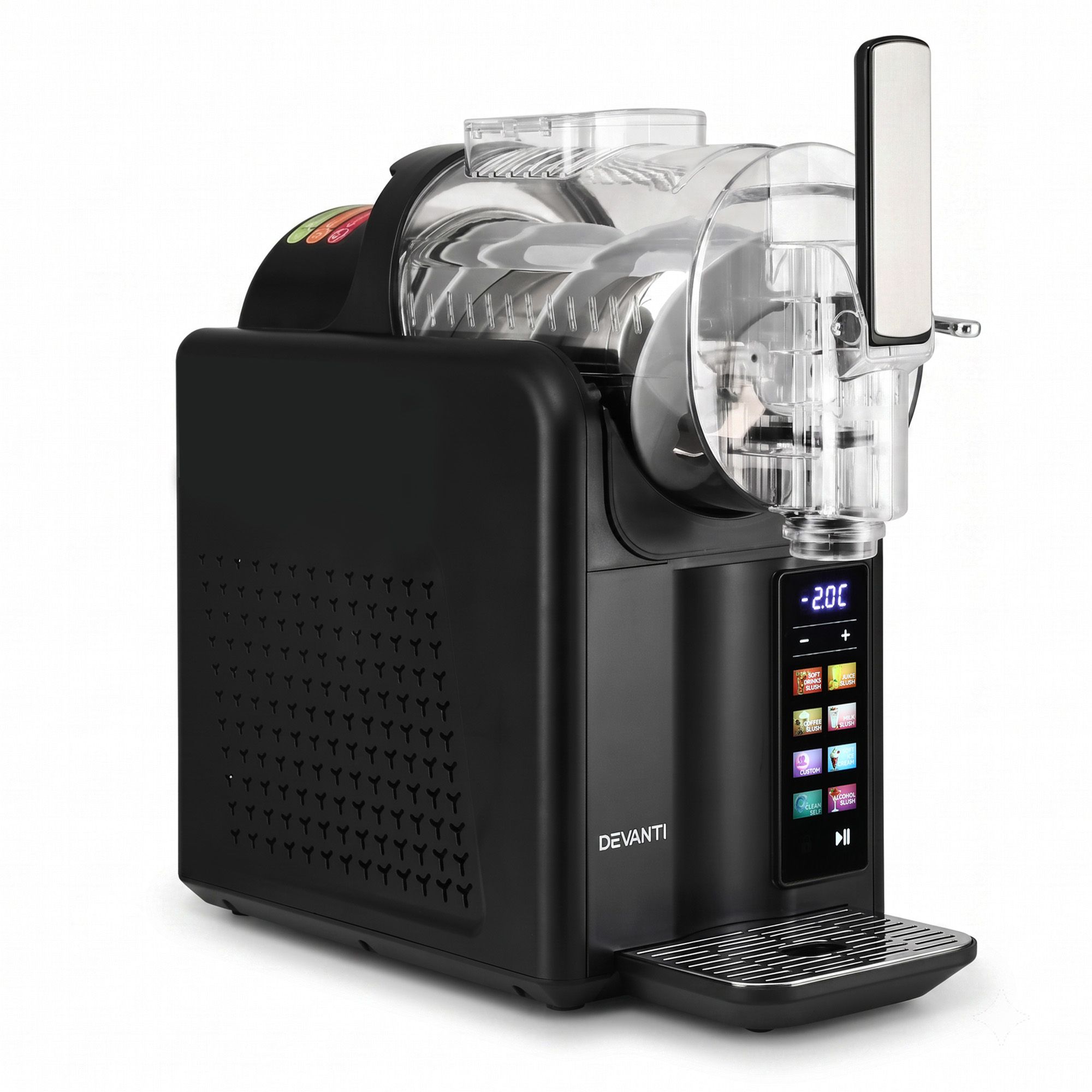 A Devanti commercial-grade slushy maker machine in matte black with a clear plastic container, digital touch screen interface, and drip tray, shown on a solid white background.