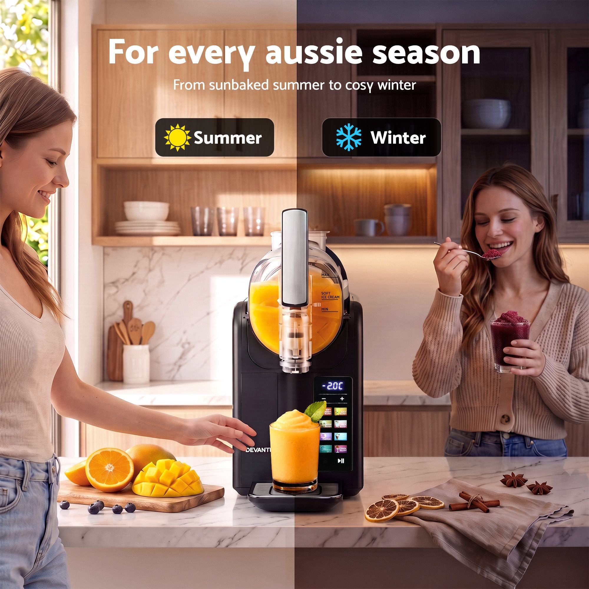 A countertop beverage maker is shown in a split kitchen scene with two women, one adding ingredients and one drinking an orange drink. Text at the top reads 'For every aussie season' with 'Summer' and 'Winter' icons above the machi