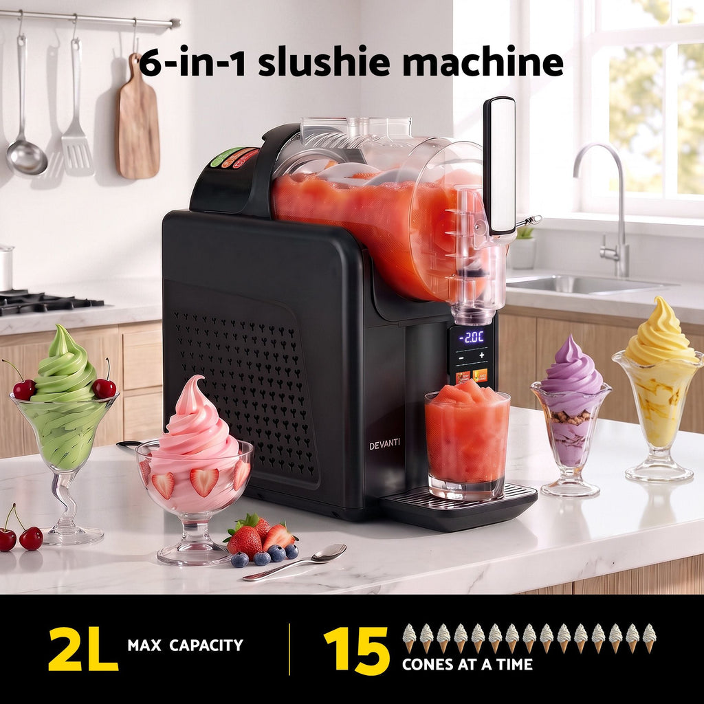 A black 6-in-1 slushie machine on a kitchen countertop, shown blending fruit and dispensing a drink, with colorful frozen drink cups around it. Text at the top reads '6-in-1 slushie machine' and text at the bottom says '2L MAX CAPACITY | 15 CONES AT A TIME'.