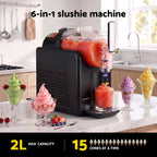 A black 6-in-1 slushie machine on a kitchen countertop, shown blending fruit and dispensing a drink, with colorful frozen drink cups around it. Text at the top reads '6-in-1 slushie machine' and text at the bottom says '2L MAX CAPACITY | 15 CONES AT A TIME'.