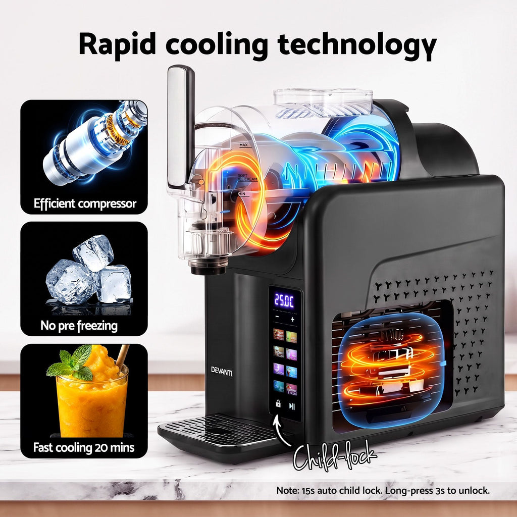 A black coffee machine with transparent panels showing internal cooling fans and glowing blue and orange airflow graphics, plus marketing text and feature callouts about rapid cooling, efficient compressor, no pre-freezing, and fast cooling.