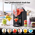 A countertop slush bar machine in a bright kitchen setting, shown dispensing a pink drink into a glass. The image includes promotional text at the top and a row of circular icons at the bottom showing drink types such as ice cream, frappé, frozen juice, milkshake, spike slush, and frozen margarret.