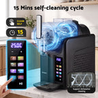A countertop De'vanti coffee machine shown with promotional overlays highlighting a 15-minute self-cleaning cycle, a touch screen control panel, and an inset showing dishwasher cleaning support. The machine is black with transparent parts and blue glowing effect graphics.