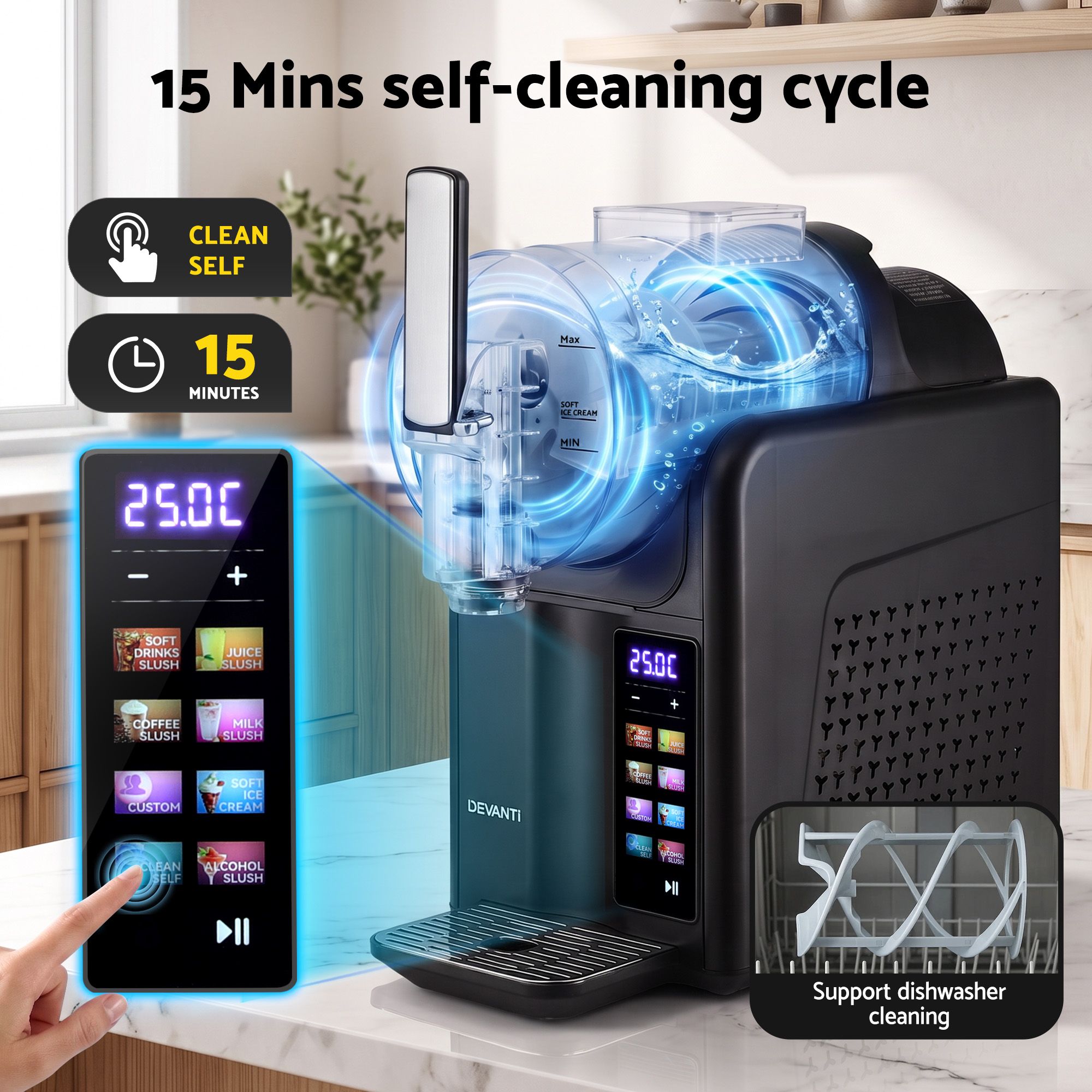 A countertop De'vanti coffee machine shown with promotional overlays highlighting a 15-minute self-cleaning cycle, a touch screen control panel, and an inset showing dishwasher cleaning support. The machine is black with transparent parts and blue glowing effect graphics.
