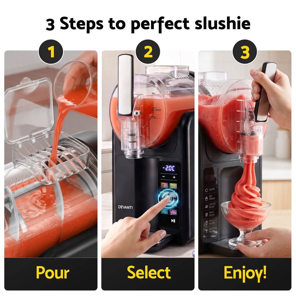 Three-panel instructional graphic showing how to make a slushie: step 1 pour orange juice into the machine, step 2 select settings on the touchscreen, and step 3 enjoy as an orange slushie being dispensed into a glass. The text '3 Steps to perfect slushie' appears at the top