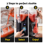 Three-panel instructional graphic showing how to make a slushie: step 1 pour orange juice into the machine, step 2 select settings on the touchscreen, and step 3 enjoy as an orange slushie being dispensed into a glass. The text '3 Steps to perfect slushie' appears at the top