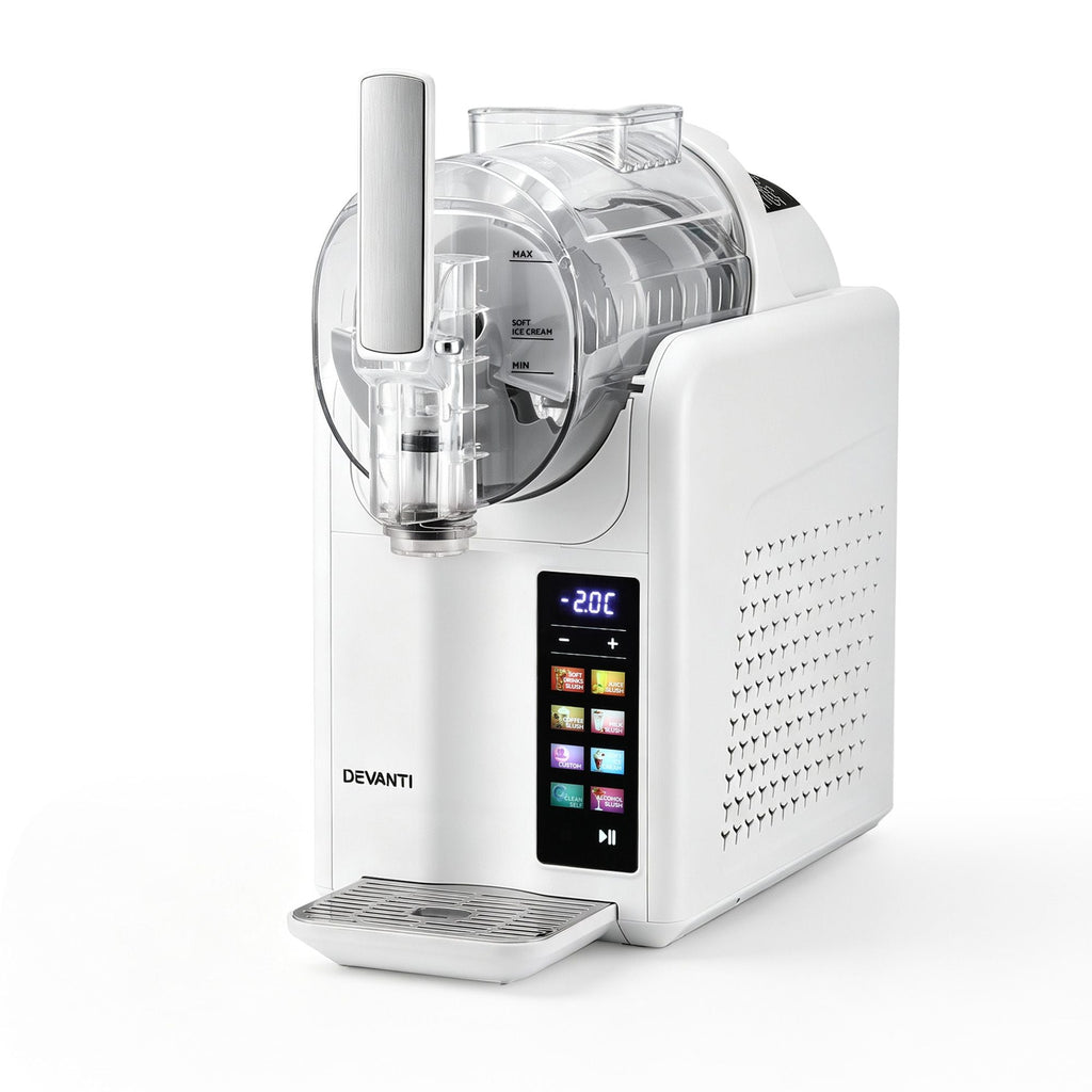 A Devanti ice machine in white with a clear plastic container, a digital touch screen display, and a drip tray, shown on a solid white background.