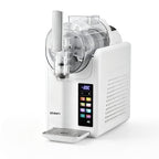 A Devanti ice machine in white with a clear plastic container, a digital touch screen display, and a drip tray, shown on a solid white background.