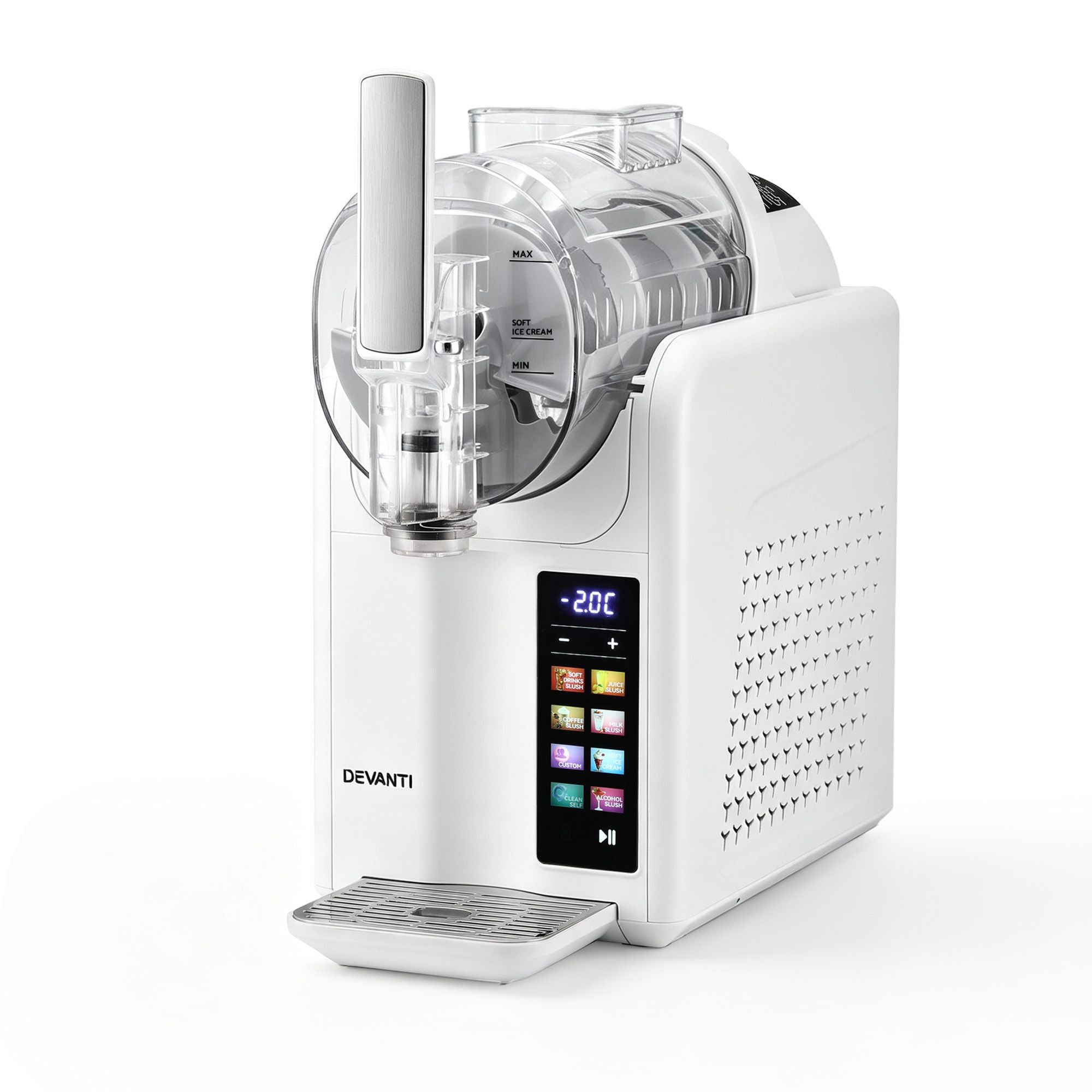 A Devanti ice machine in white with a clear plastic container, a digital touch screen display, and a drip tray, shown on a solid white background.