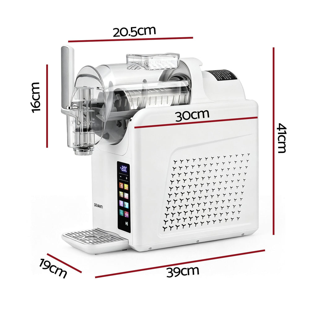 White countertop ice cream machine with dimension labels showing width, height, and depth measurements on a light gray background.
