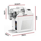 White countertop ice cream machine with dimension labels showing width, height, and depth measurements on a light gray background.