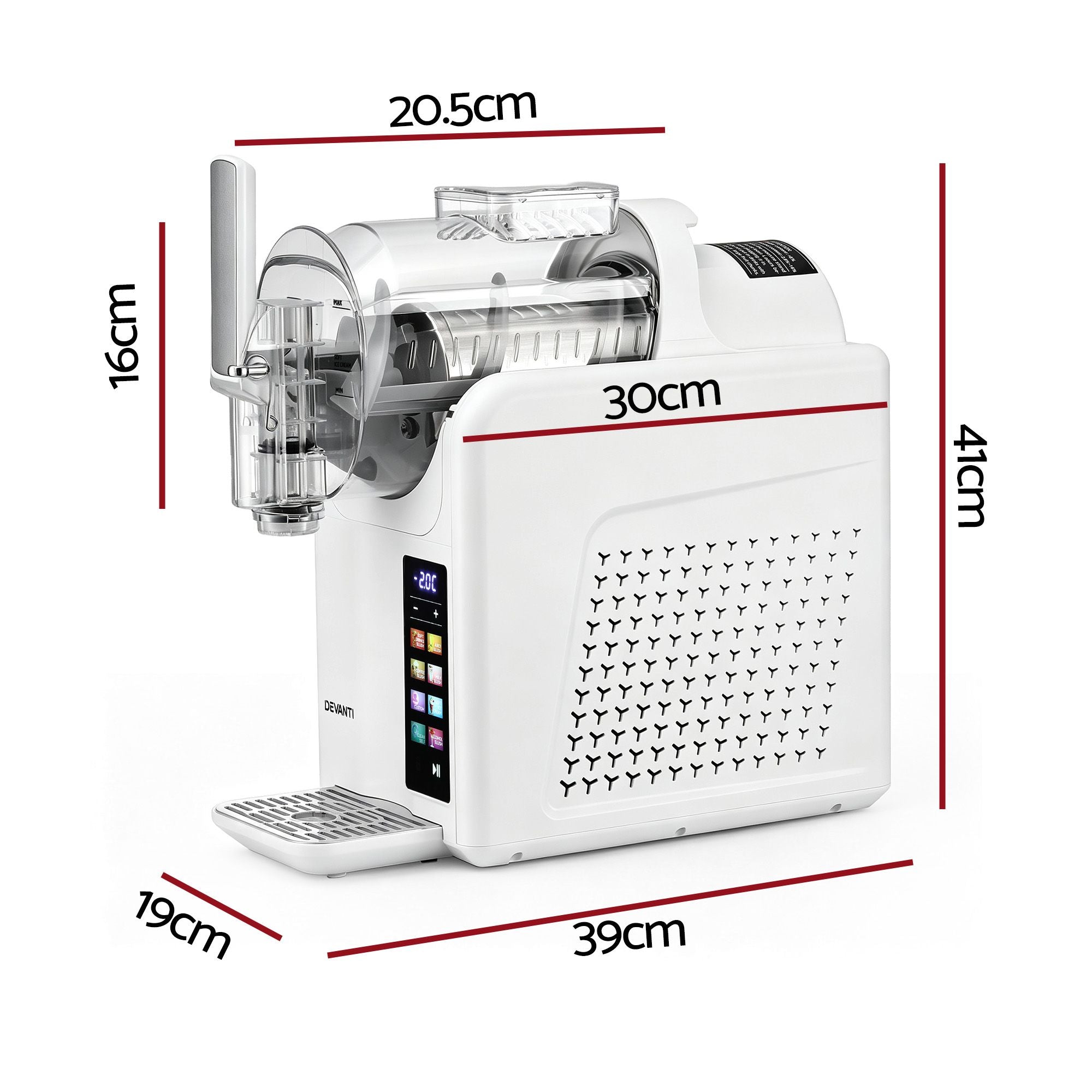 White countertop ice cream machine with dimension labels showing width, height, and depth measurements on a light gray background.