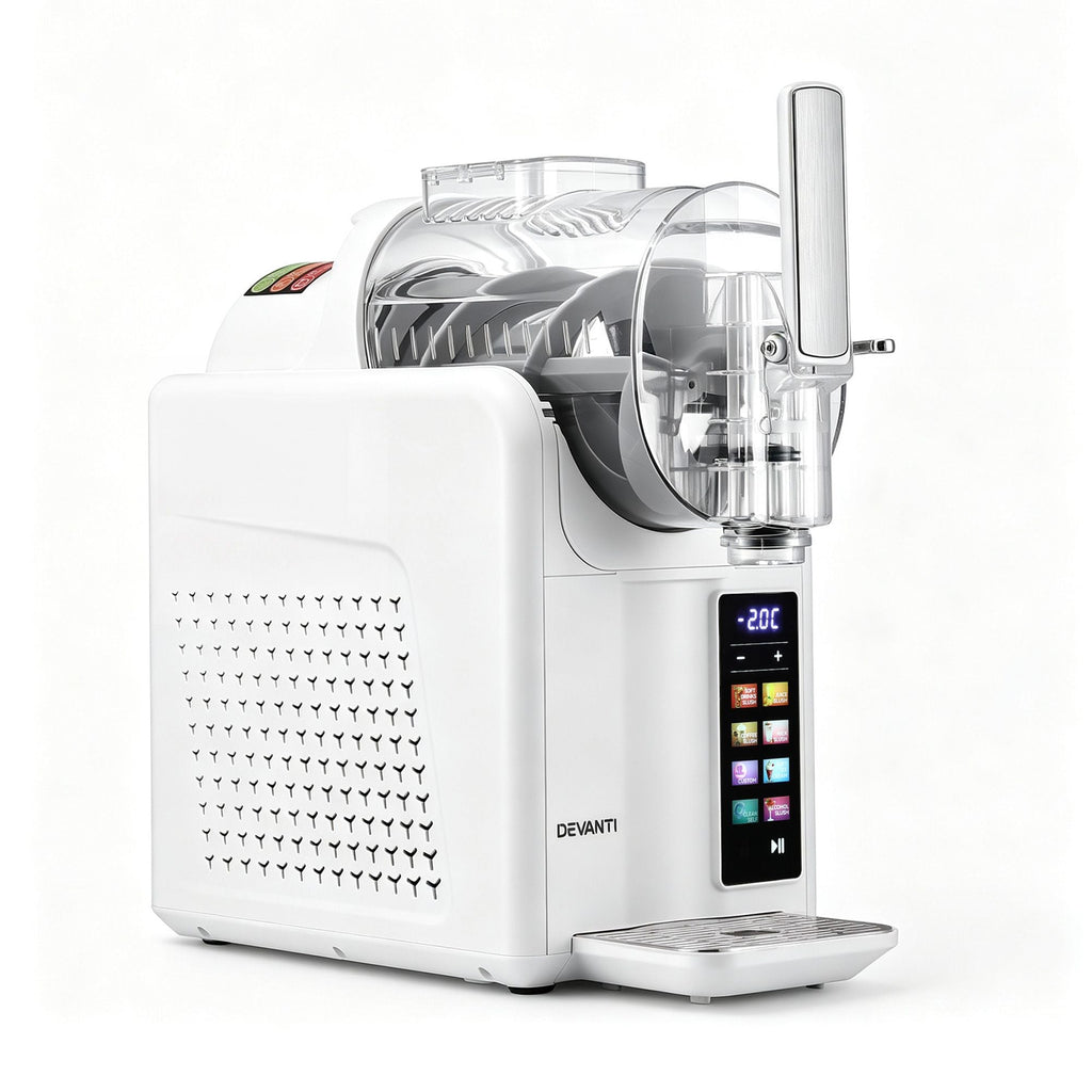 A white Devanti countertop ice machine with a clear plastic container, a digital touch screen display, and a metal lever handle, shown on a clean white background.