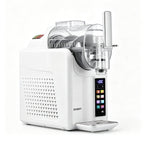 A white Devanti countertop ice machine with a clear plastic container, a digital touch screen display, and a metal lever handle, shown on a clean white background.