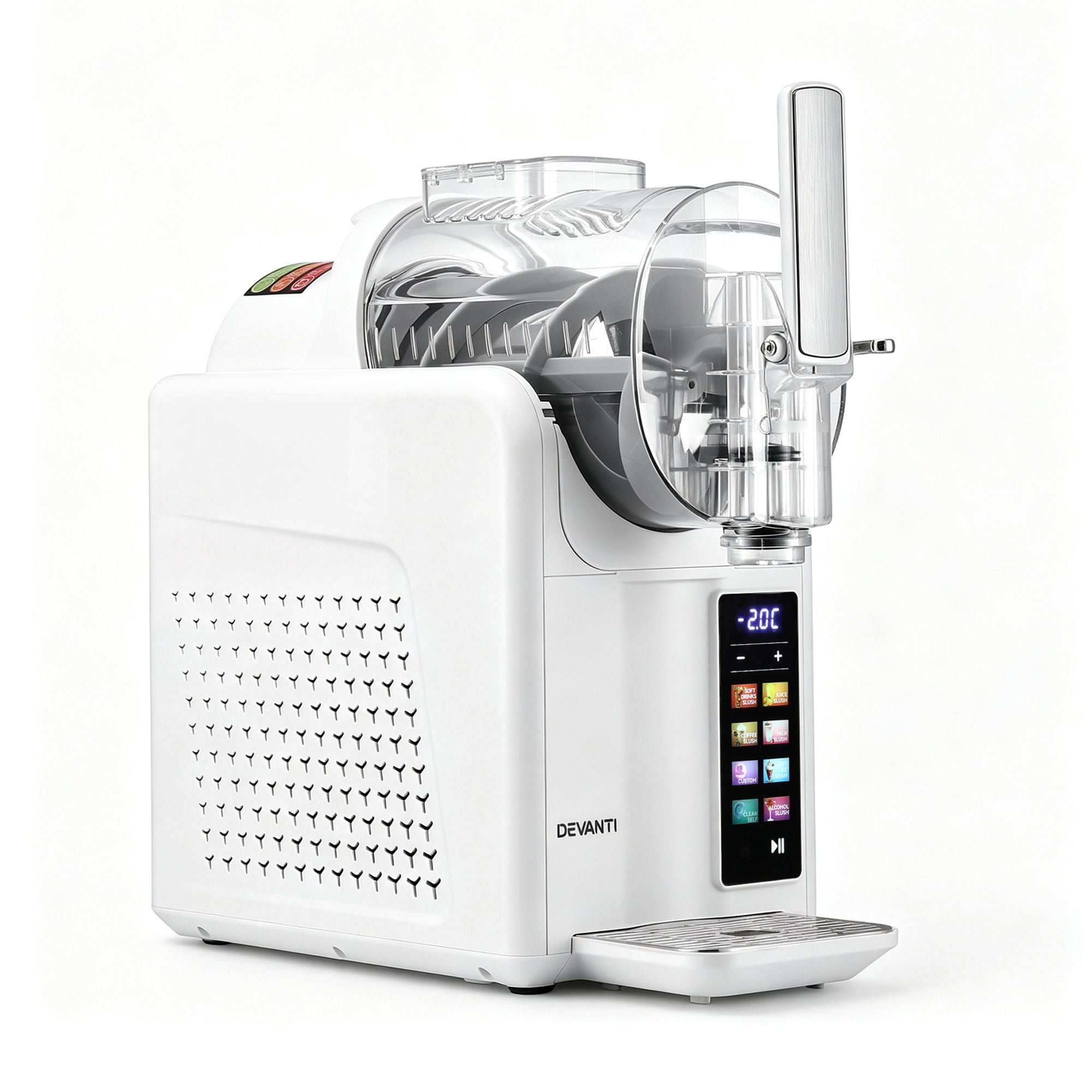 A white Devanti countertop ice machine with a clear plastic container, a digital touch screen display, and a metal lever handle, shown on a clean white background.