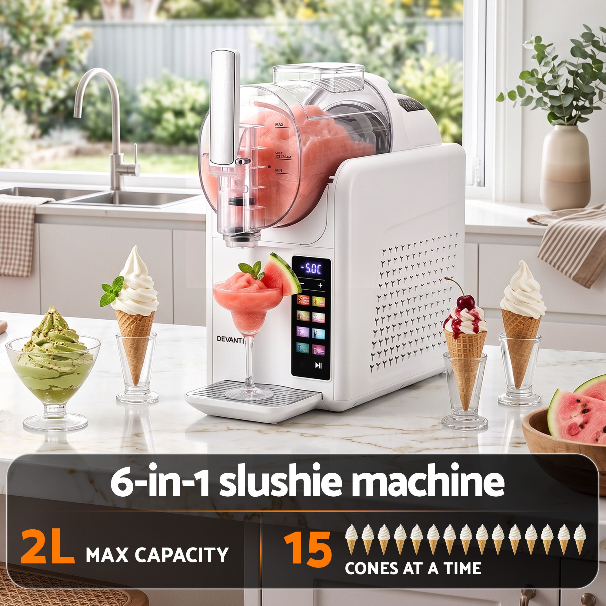 A white DE'NATI 6-in-1 slushie machine on a marble kitchen countertop, shown with a pink slushie in a glass and surrounded by finished ice cream and slushie cones. Large text at the bottom reads '6-in-1 slushie machine' with feature callouts '2L MAX CAPACITY' and '15 CONES AT A TIME'.