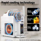 A white DEVANTI rapid cooling machine with glowing blue and orange LED rings, shown on a kitchen countertop with promotional text and feature callouts about efficient compressor, fast cooling, and no pre-freezin