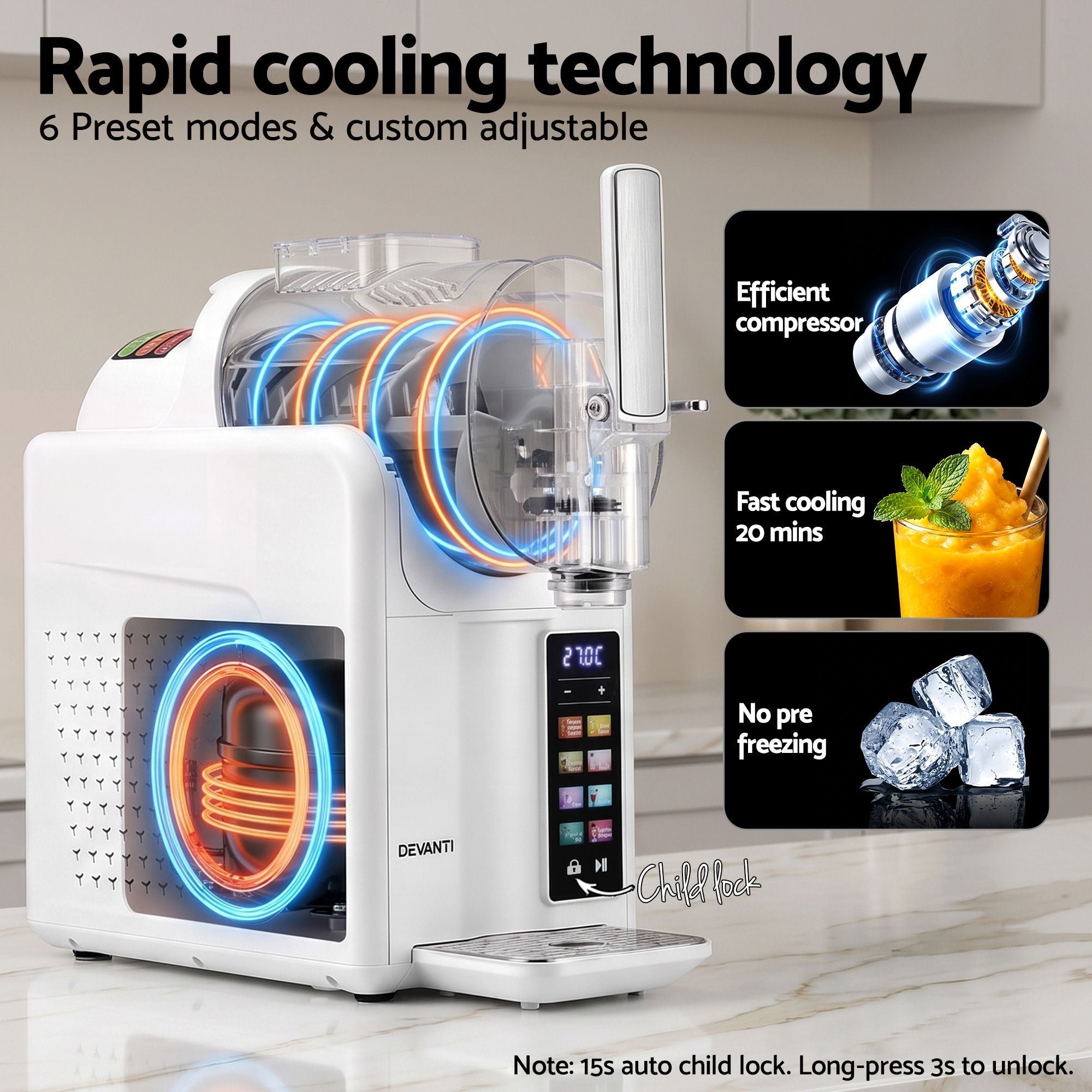 A white DEVANTI rapid cooling machine with glowing blue and orange LED rings, shown on a kitchen countertop with promotional text and feature callouts about efficient compressor, fast cooling, and no pre-freezin