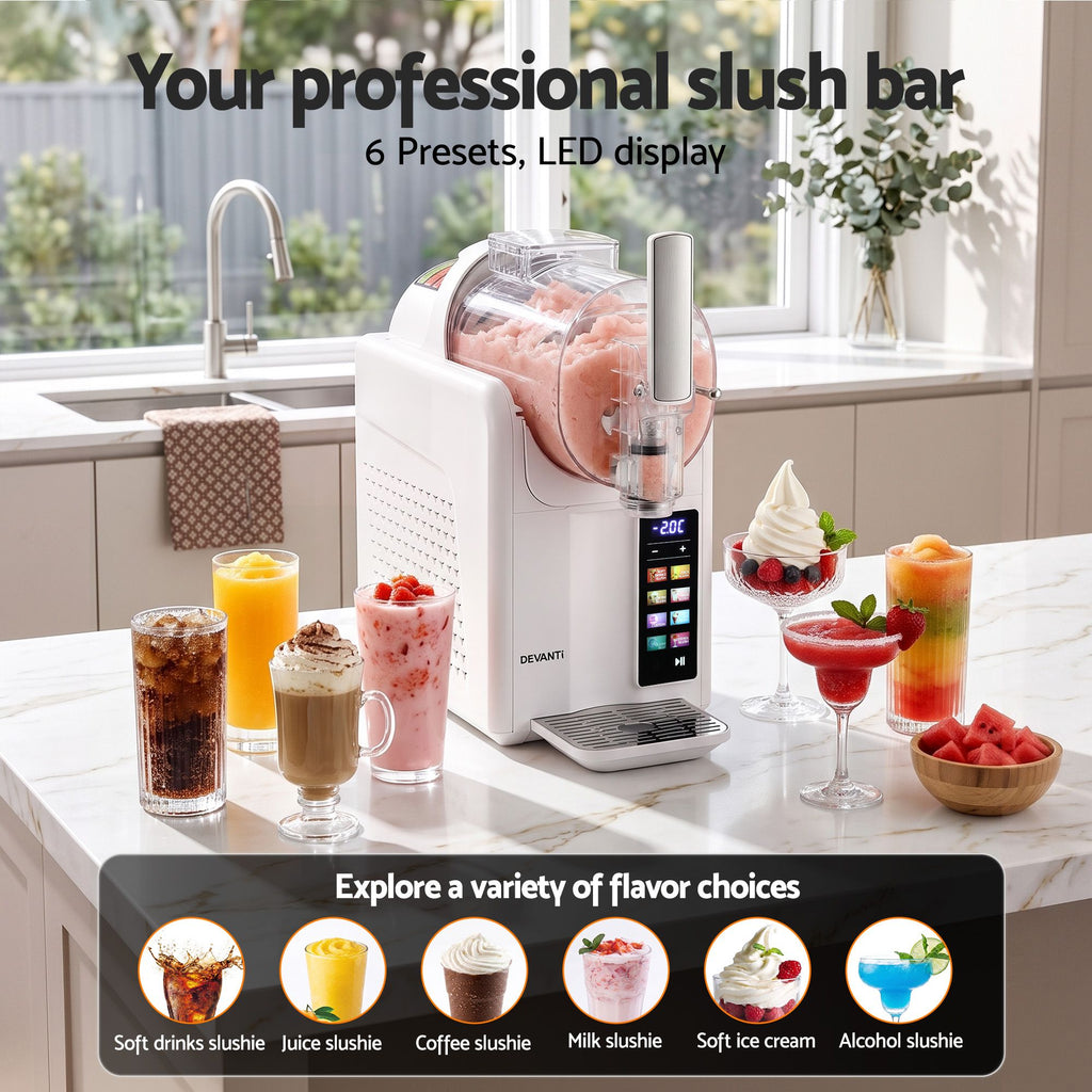 A countertop slushie maker machine in a bright kitchen setting, shown with multiple prepared drinks and a promotional banner at the bottom advertising preset options and flavor choices.