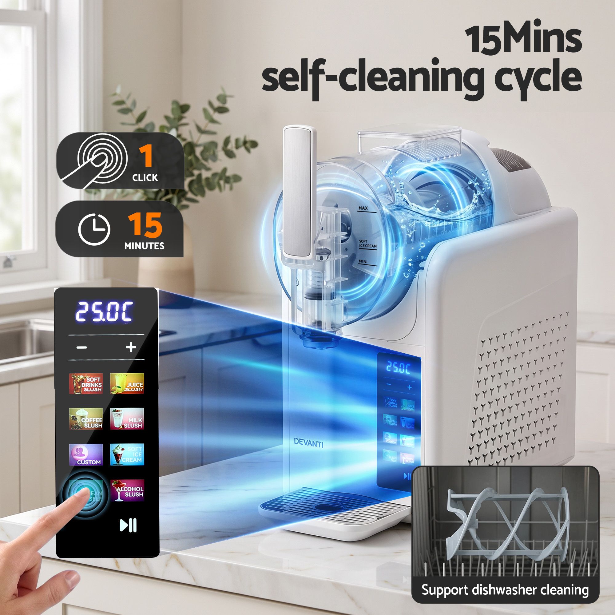 A countertop self-cleaning appliance shown in a bright kitchen-like setting, with overlaid marketing graphics including '15Mins self-cleaning cycle,' a touch control panel, icons for 1 click and 15 minutes, and a small inset labeled 'Support dishwasher cleaning.' The product itself appears mostly white with transparent blue-tinted interior components and a small black control module.