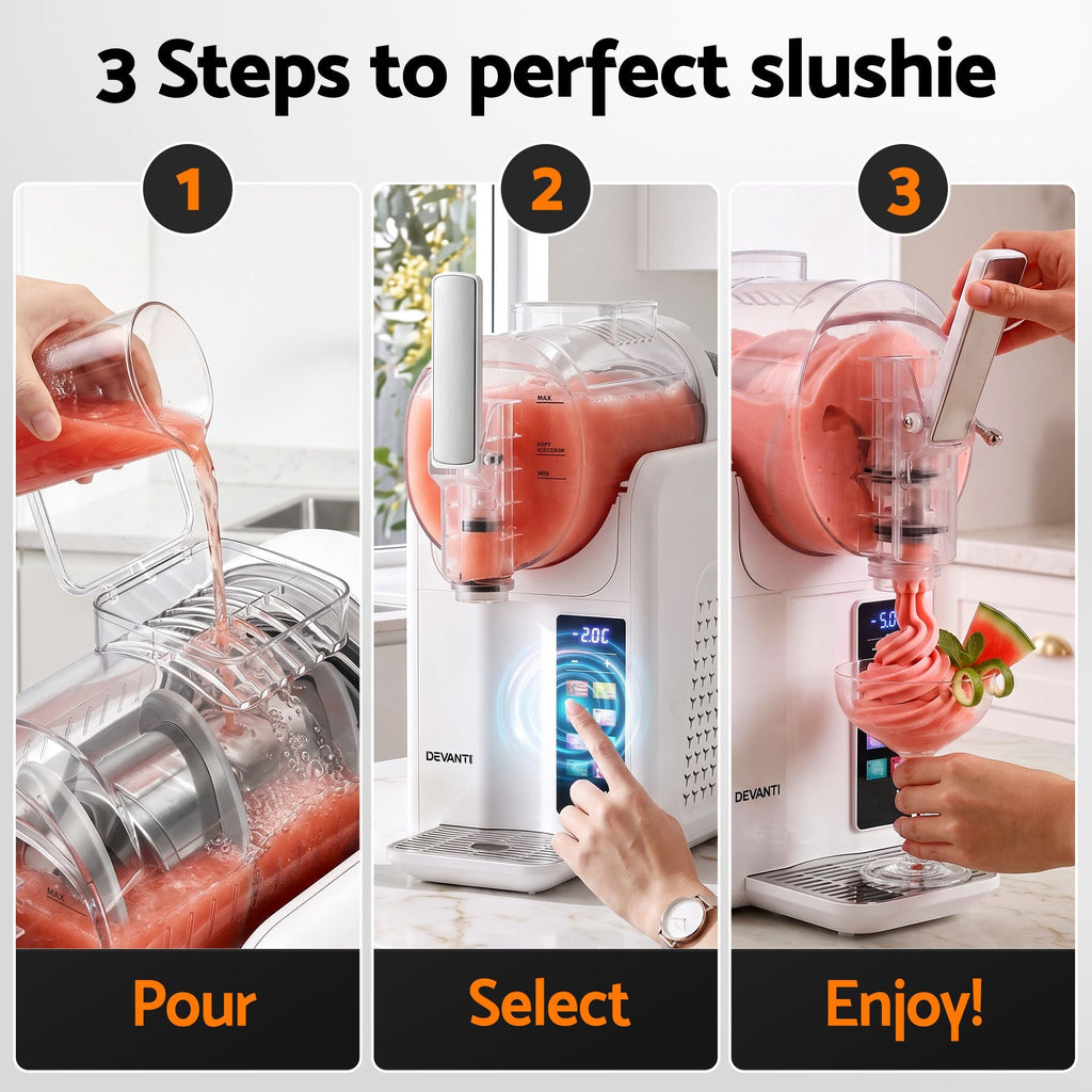 A three-step instructional graphic showing how to use a Devanti slushie maker: pour pink liquid in step 1, select settings on the touchscreen in step 2, and enjoy the made slushie in a spiral in step 3.