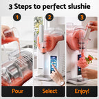A three-step instructional graphic showing how to use a Devanti slushie maker: pour pink liquid in step 1, select settings on the touchscreen in step 2, and enjoy the made slushie in a spiral in step 3.