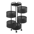 Black metal tiered stand with circular shelves on a white background