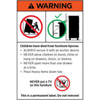 Safety label warning about furniture tipovers and TV placement on furniture