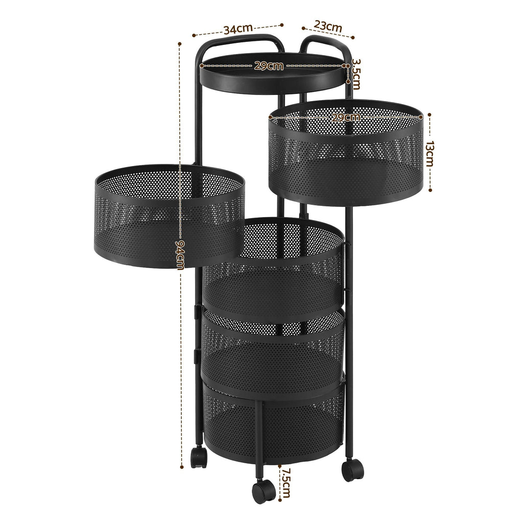 Black metal rolling cart with mesh shelves and dimensions on a white background