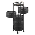Black metal rolling cart with mesh shelves and dimensions on a white background