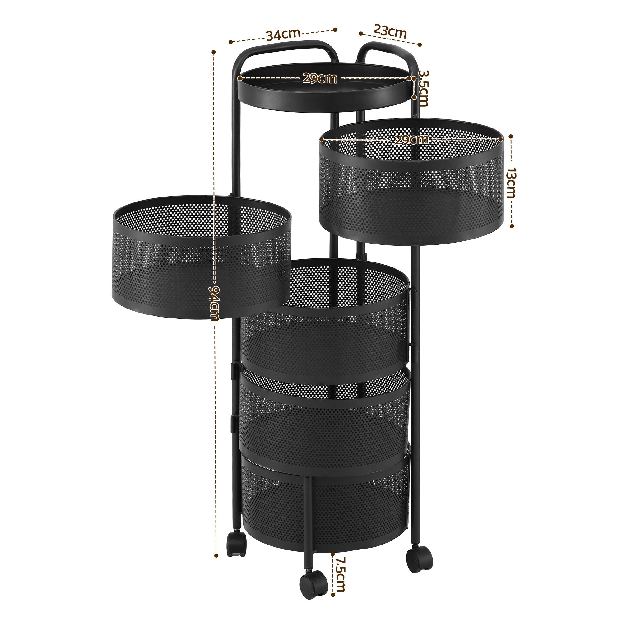 Black metal rolling cart with mesh shelves and dimensions on a white background