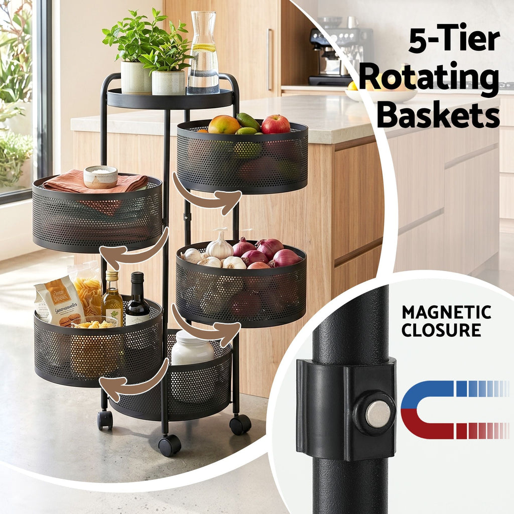 5-tier rotating basket system with magnetic closure feature in a kitchen setting