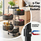 5-tier rotating basket system with magnetic closure feature in a kitchen setting