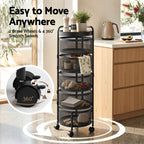 Black metal rolling cart with wheels in a kitchen setting, emphasizing ease of movement.
