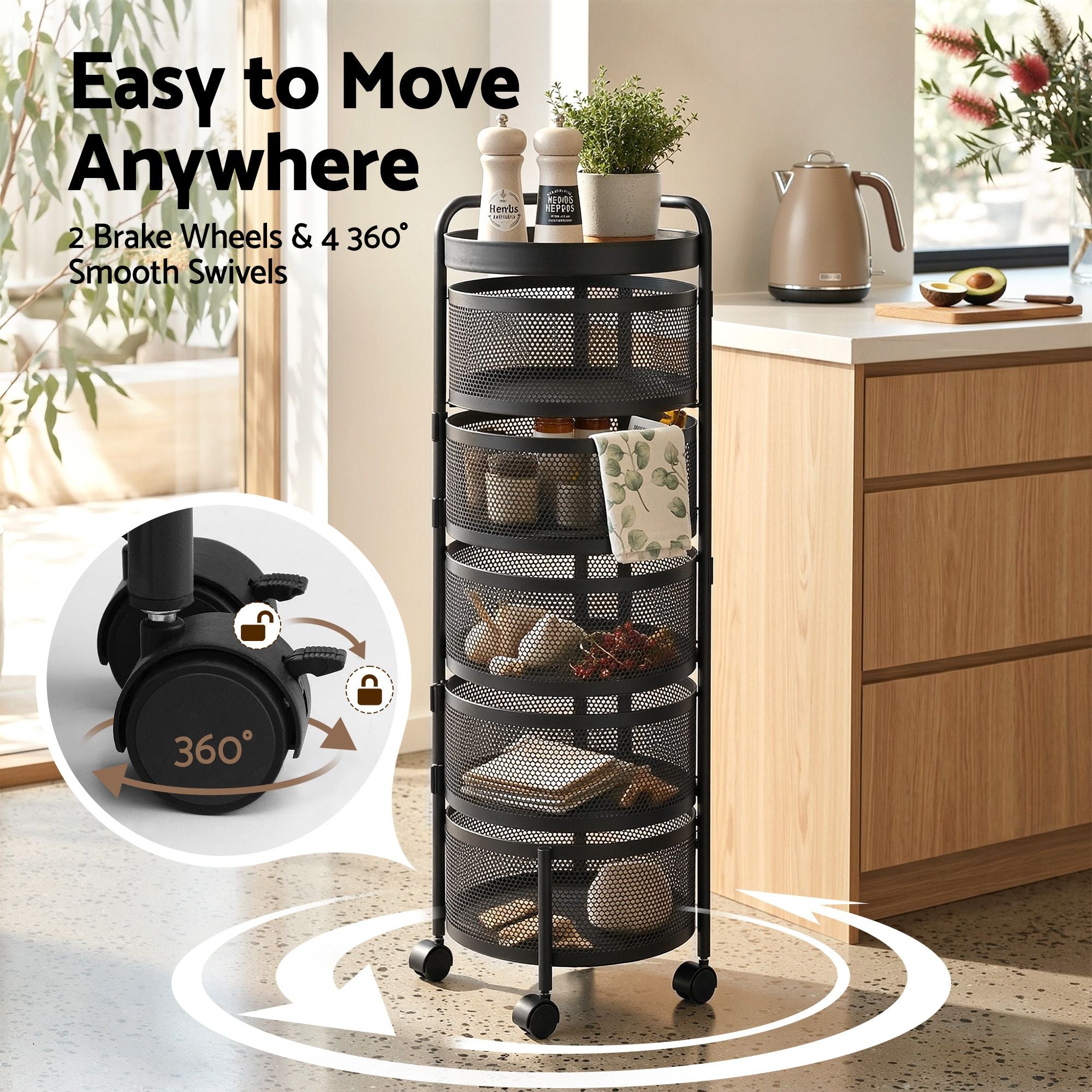 Black metal rolling cart with wheels in a kitchen setting, emphasizing ease of movement.
