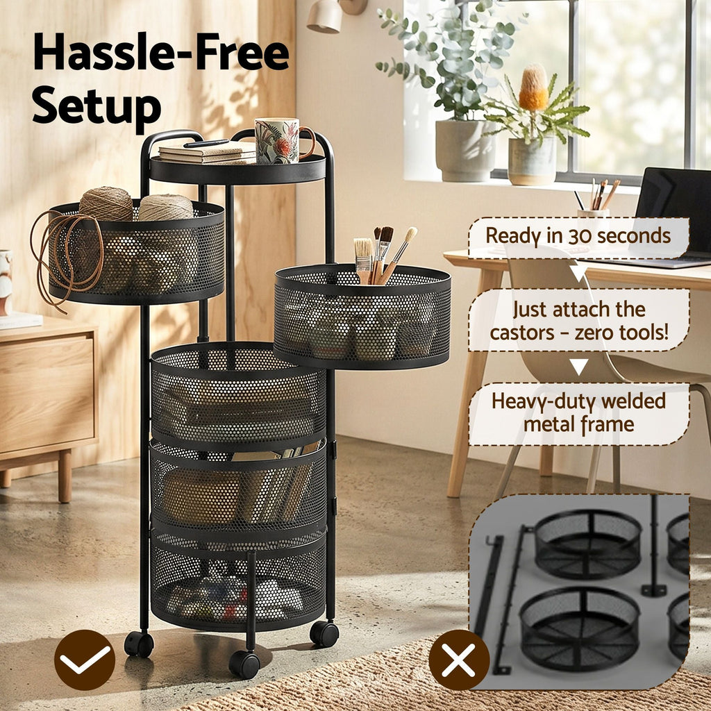 Black metal rolling cart with text highlighting features in a home setting