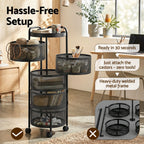 Black metal rolling cart with text highlighting features in a home setting